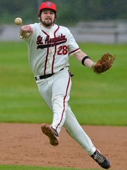 St. Augusta Gussies shortstop Nate Gwost (28) fires