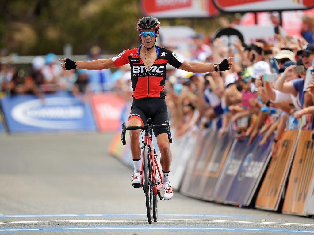 Richie Porte of Australia and BMC Racing Team celebrates after crossing the finish line to win stage five of the 2018 Tour Down Under in Adelaide, Australia.