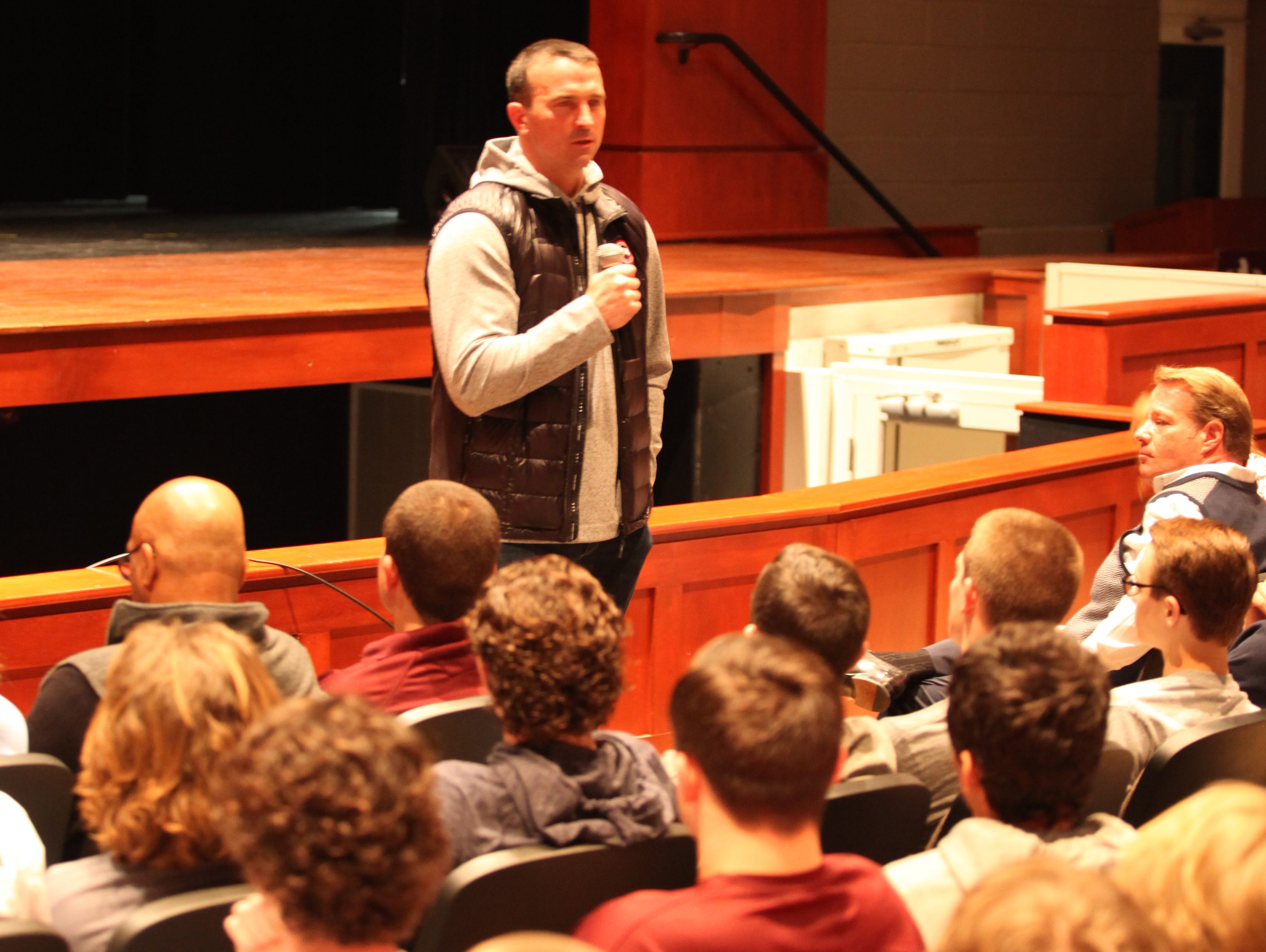 Chris Herren discusses his battle with addiction Tuesday morning to students at Appoquinimink High School. Herren used numerous drugs throughout his basketball career including cocaine, painkillers and heroin. He has been clean for more than seven years now.