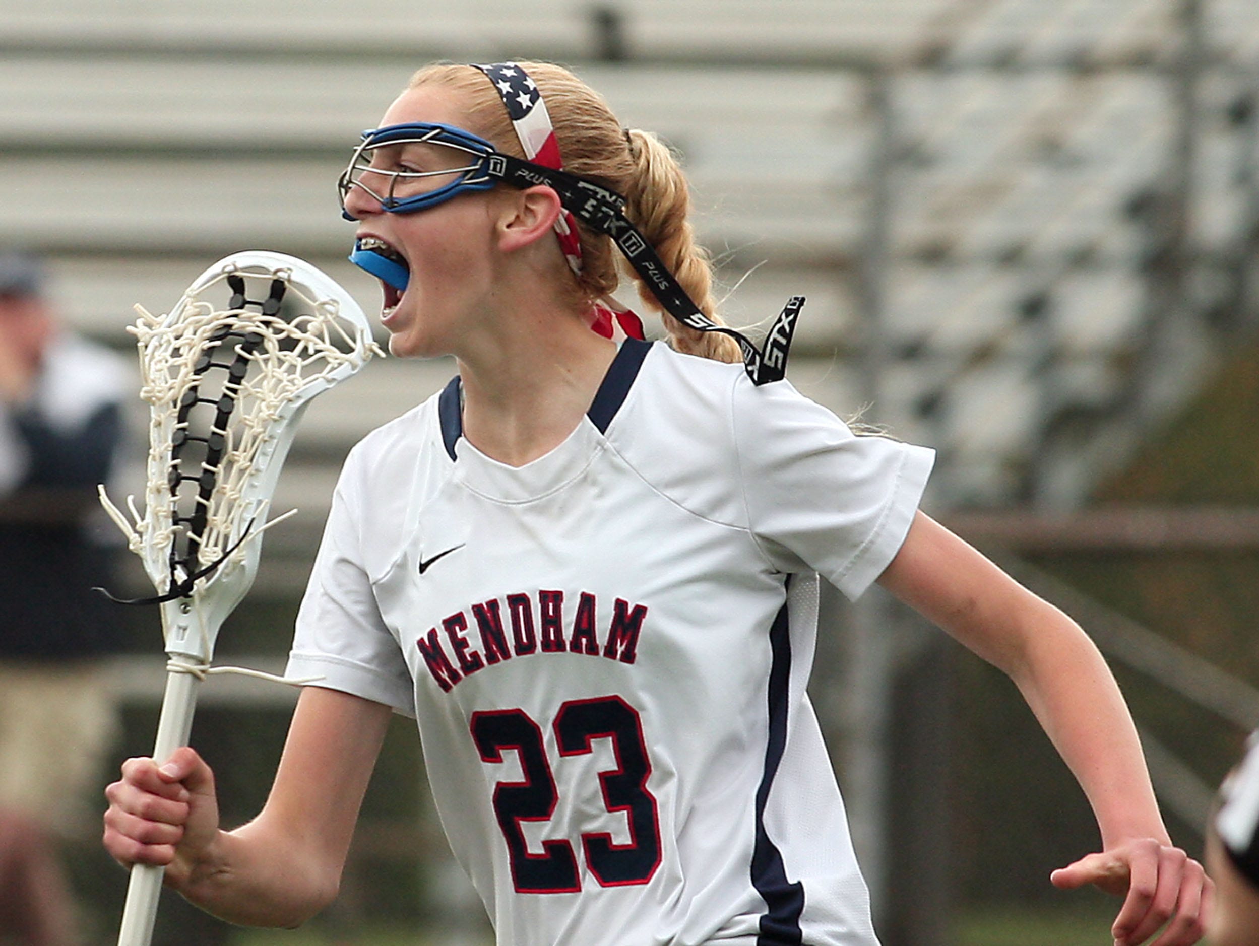 Mendham's Christine Graziano lets out a yell after scoring in the Morris County Tournament.
