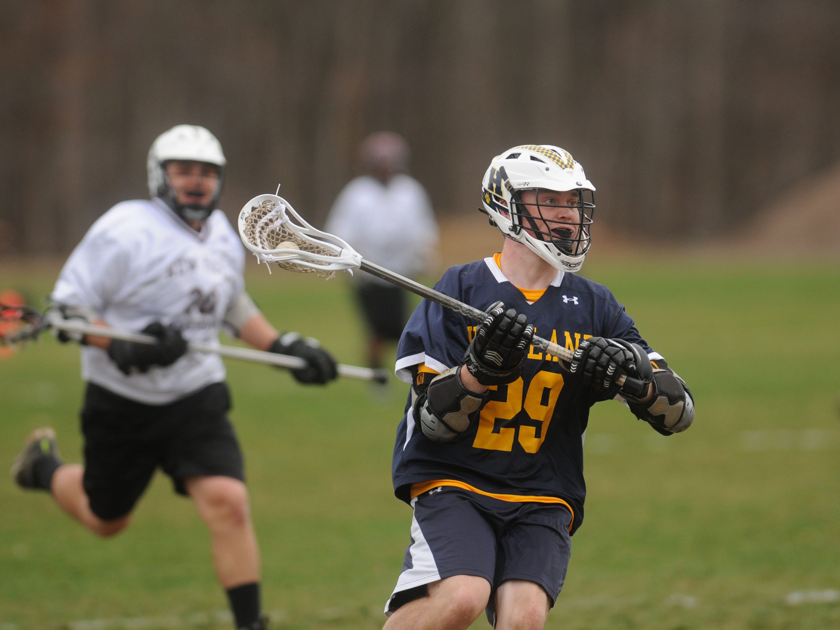 Highland High School’s Dylan Cuvelier takes the ball towards the goal in a game against New Paltz in New Paltz on Tuesday.