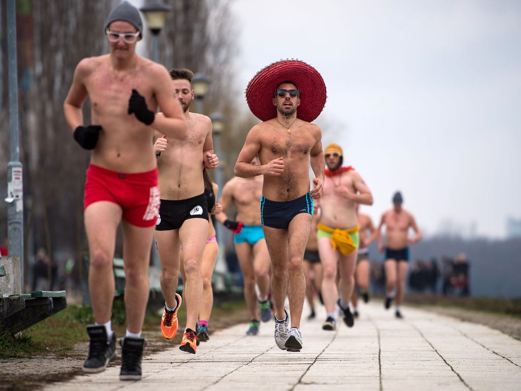 Runners take part in an Underpants Run on the banks of Danube River in Belgrade on Feb. 4, 2018, while the outside temperature approaches freezing.