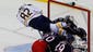 Buffalo Sabres left wing Marcus Foligno (82) flies over Columbus Blue Jackets goalie Sergei Bobrovsky (72) and makes a goal during the second period at Nationwide Arena.
