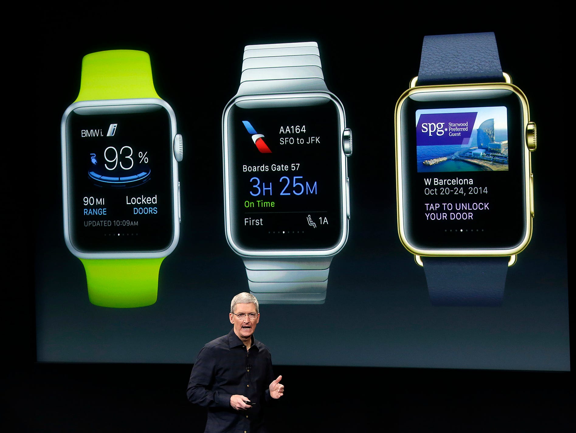 Apple CEO Tim Cook discusses the new Apple Watch during an event at Apple headquarters on Thursday, Oct. 16, 2014 in Cupertino, Calif. (AP Photo/Marcio Jose Sanchez) ORG XMIT: FX115