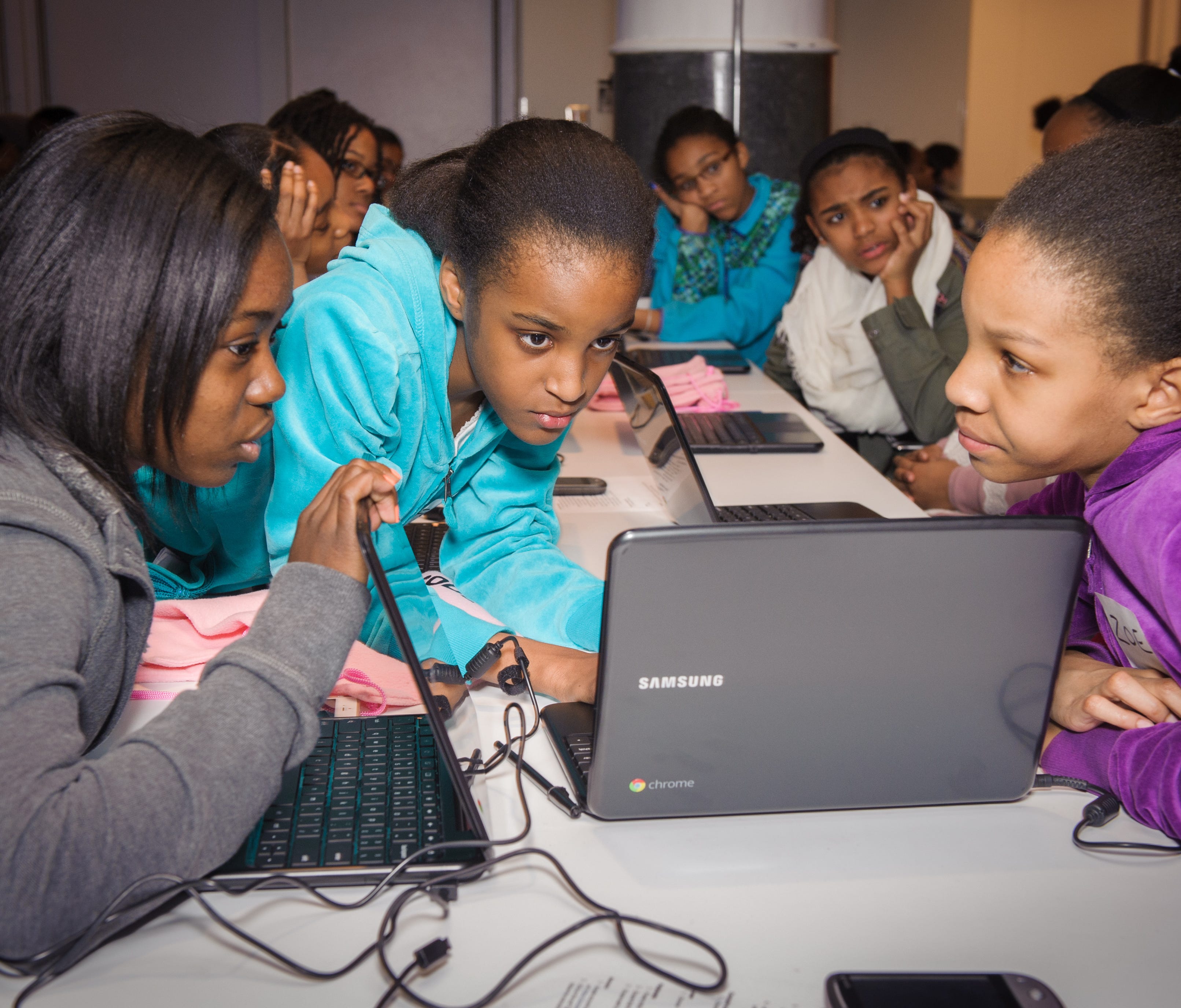 Girls from the national non-profit Black Girls Code get an introductory coding lesson at Google New York offices.