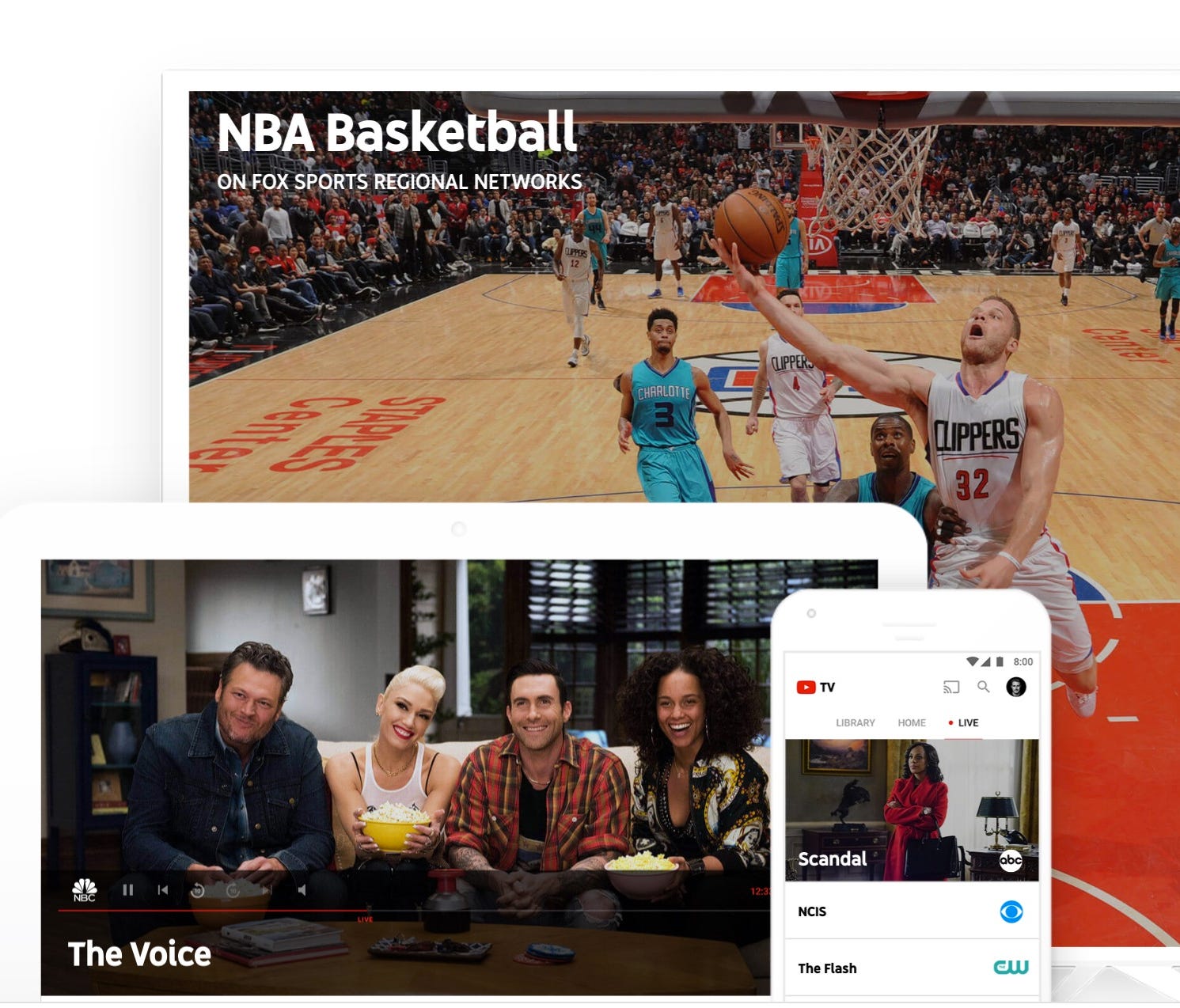 Various devices showing the YouTube TV service, due in various local markets in the coming weeks.