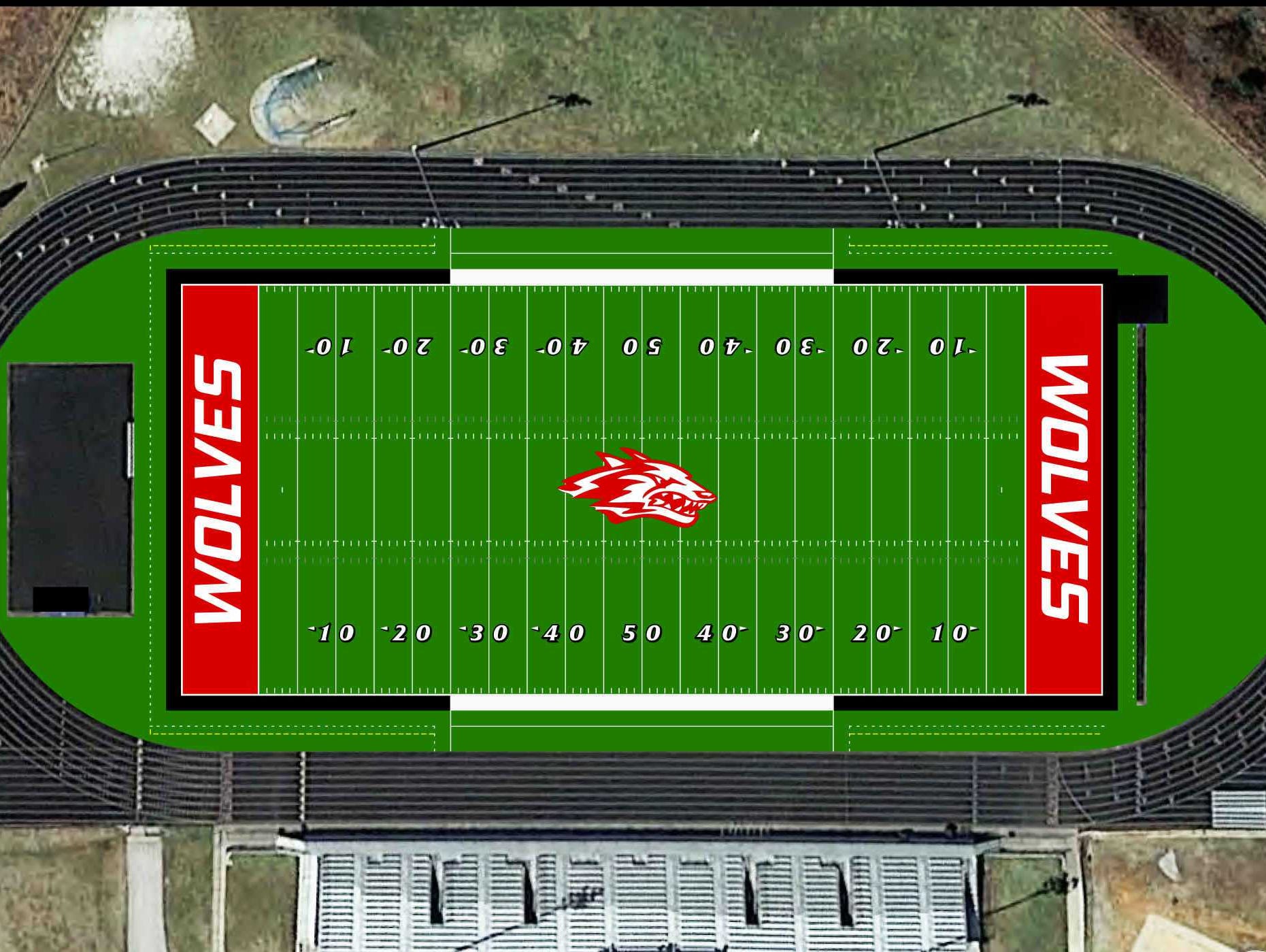An artist's rendering of what the new Carl Langley Field at Wolves Stadium will look like from the air if artificial turf is installed.