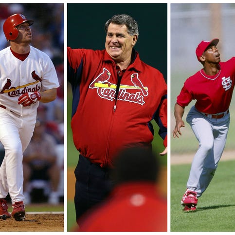 Jim Edmonds (left), Mike Shannon (center), and Willie McGee (right).