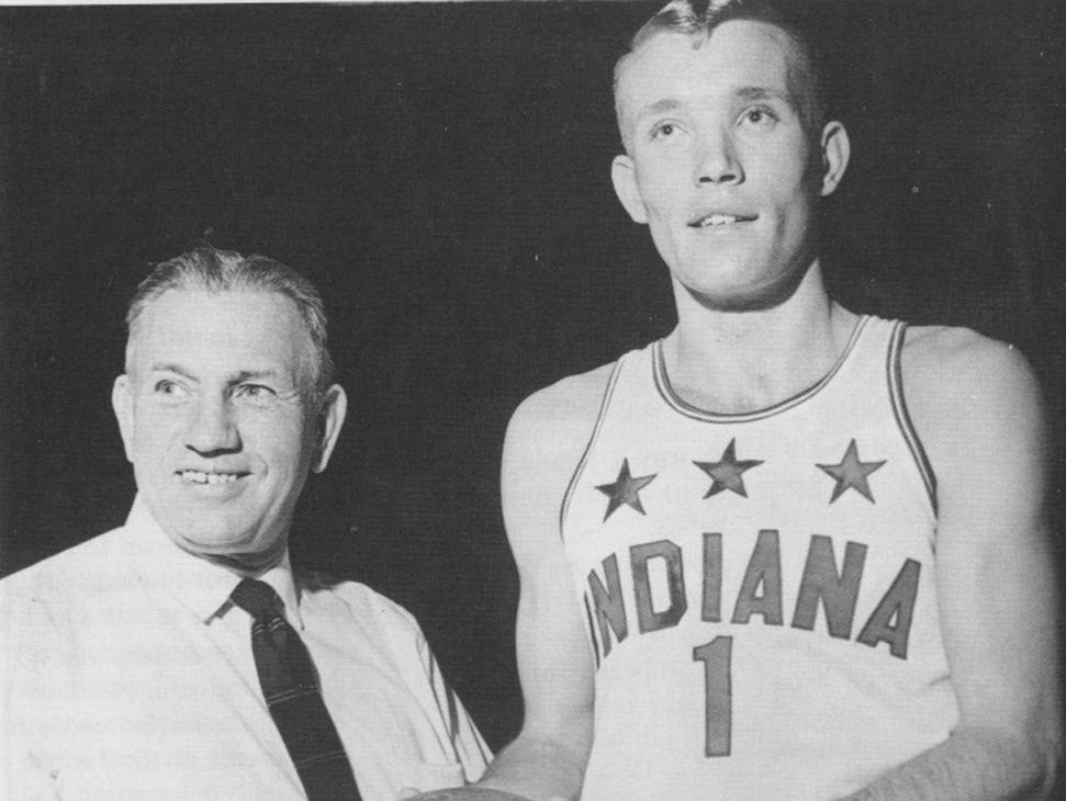 All Star coach Cleon Reynolds (left) with 1966 Indiana Mr. Basketball Rick Mount (Lebanon) File photo <b>01/13/2010 - B04 - MAIN - 2ND - THE INDIANAPOLIS STAR</b><br />Sure shot: Rick Mount (right), the 1966 Indianapolis Star Indiana Mr. Basketball, posed with All-Stars coach Cleon Reynolds. Mount scored 2,595 points.