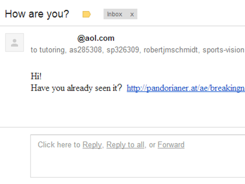 This screenshot shows a spam message sent by a hacked AOL Mail account.