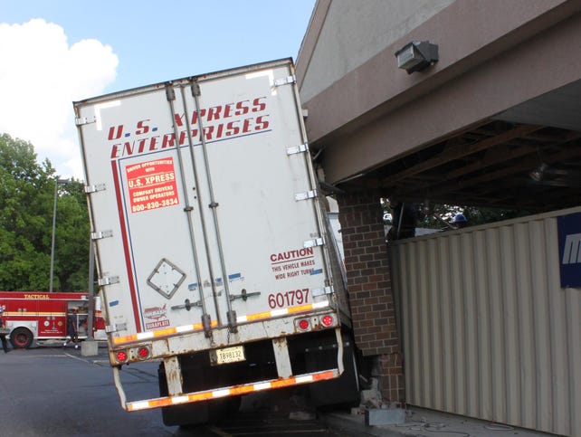 u.s. express truck backs into building overhang in Indianapolis IN