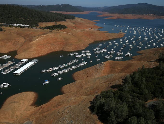 Low water levels are visible in the Bidwell Marina at Lake Oroville on August 19, 2014 in Oroville, California. As the severe drought in California continues for a third straight year, water levels in the State's lakes and reservoirs is reaching historic lows