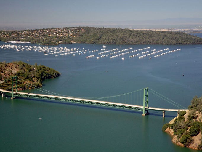 The Green Bridge passes over full water levels at a section of Lake Oroville near the Bidwell Marina on July 20, 2011 in Oroville, California