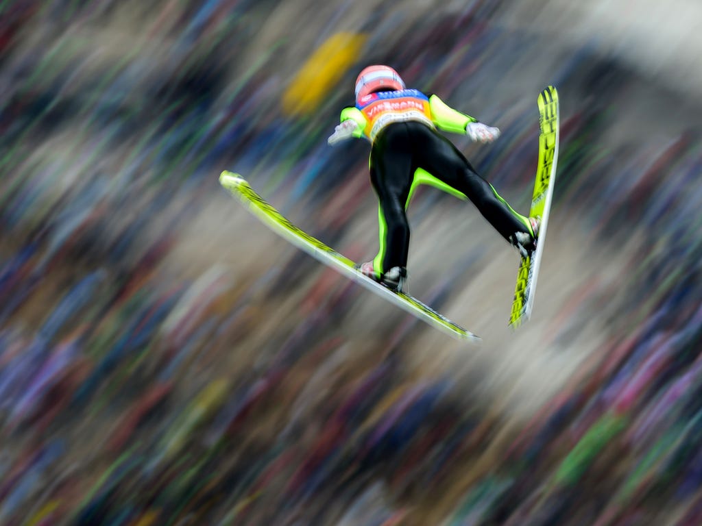Stefan Kraft of Austria competes during the FIS Ski Jumping World Cup Flying Hill Individual training session in Planica, Slovenia.