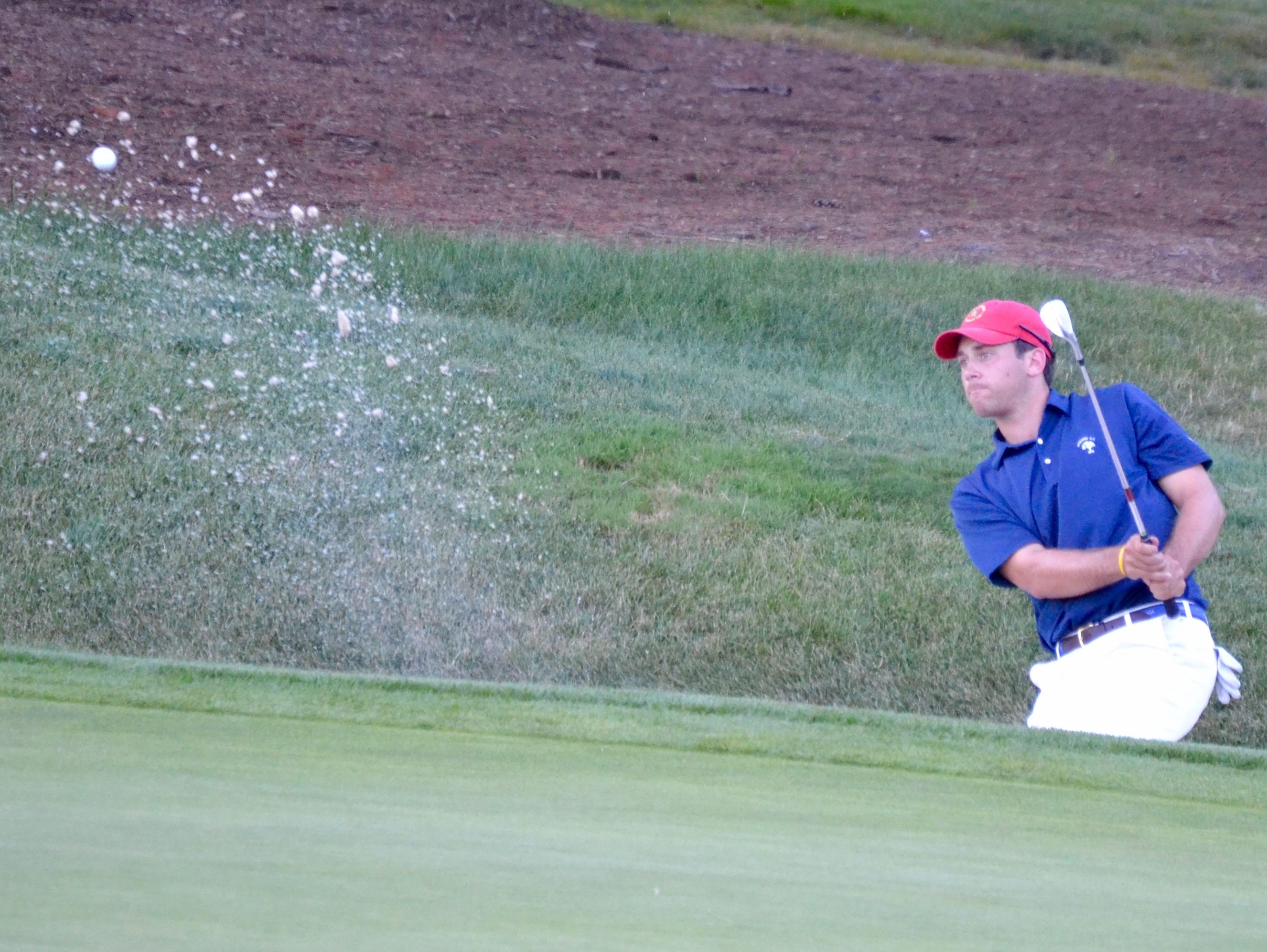 Century CC member Sam Bernstein escapes a greenside bunker during a quarterfinal match at the 113th Met Amateur. He missed the 10-footer to extend the match and fell to Ryan Snouffer.