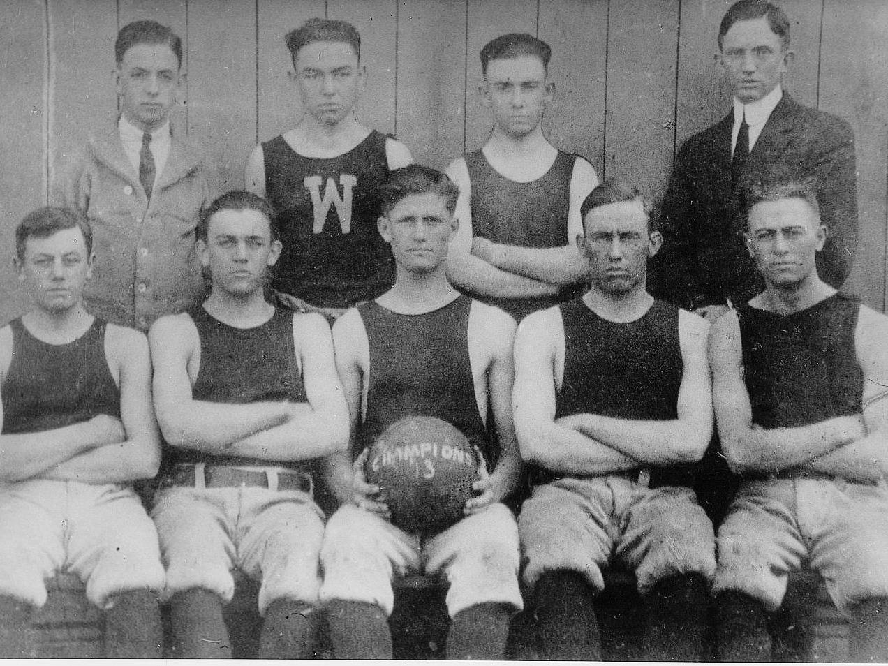 Led by Homer Stonebraker (holding the ball), tiny Wingate won state titles in 1913, 1914.