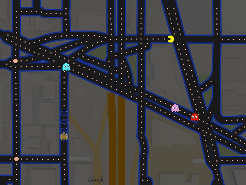 A screenshot of Pac-Man played on a map of Washington, D.C., using Google Maps.