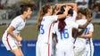 Team USA celebrates a goal by midfielder Carli Lloyd