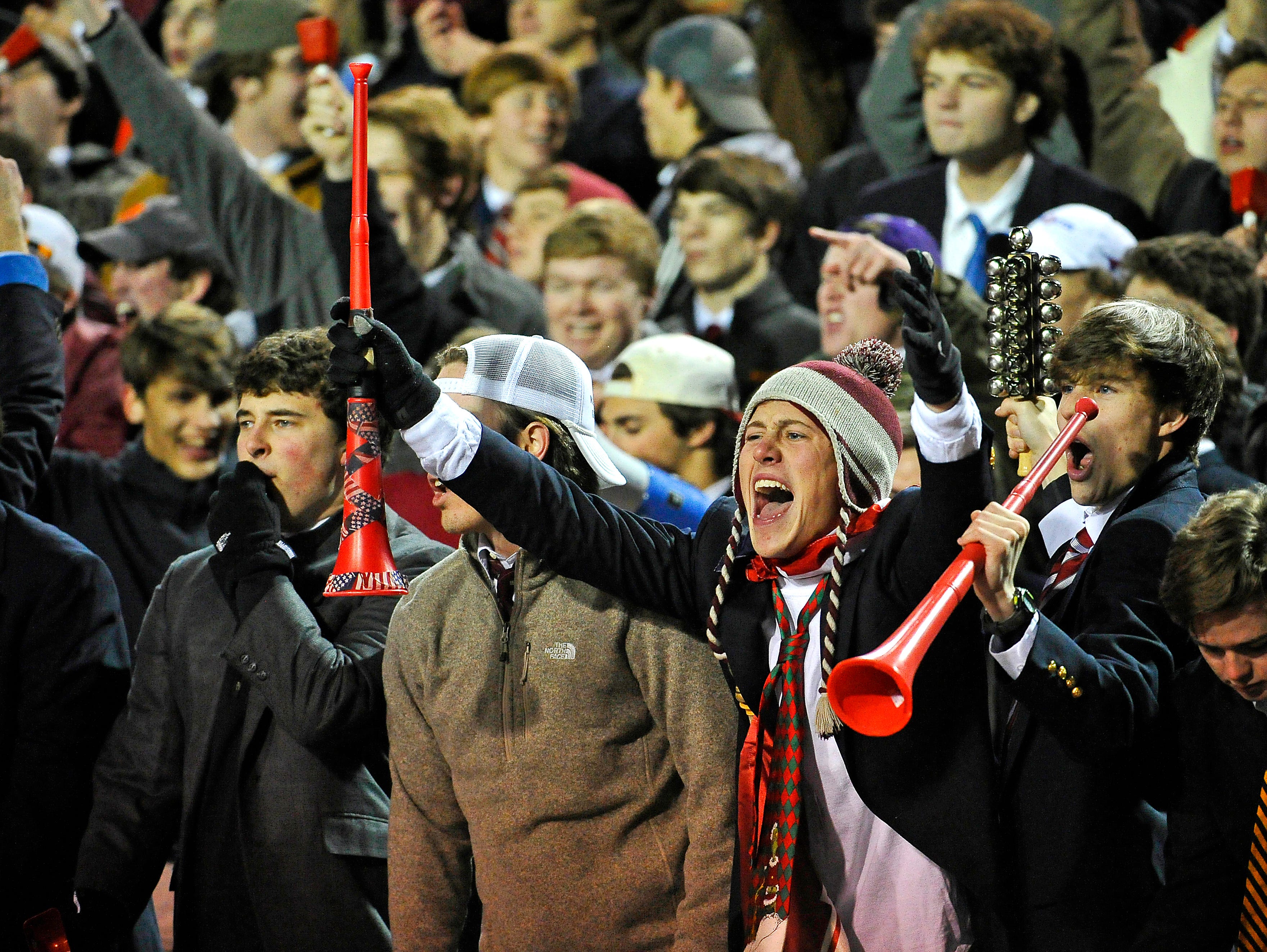 Montgomery Bell Academy fans cheer on their team as they play in the BlueCross Bowl DII-AA state title game on Dec. 3, 2015, in Cookeville.