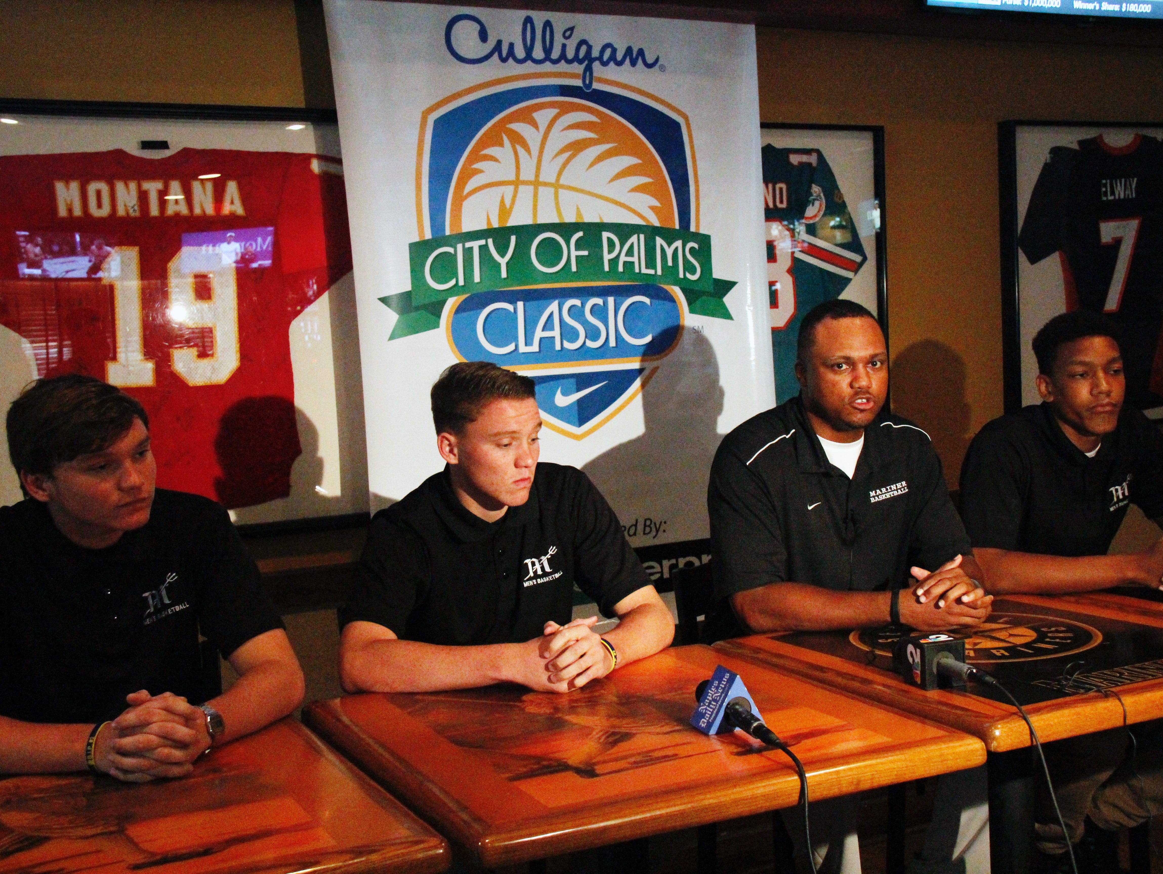 Members of the Cape Coral-Mariner basketball team speak during a news conference at Shoeless Joe's Cafe in Fort Myers for the introduction of this years field in the 2016 City of Palms Basketball Classic on Wednesday.