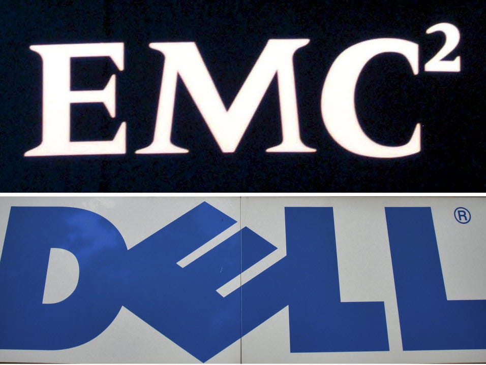 The logos of EMC Corp. and Dell.