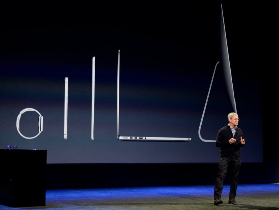 Tim Cook, shown here at the recent re-introduction of Apple Watch, has written an op-ed piece warning about the consequences of a spreading wave of religious-freedom laws.