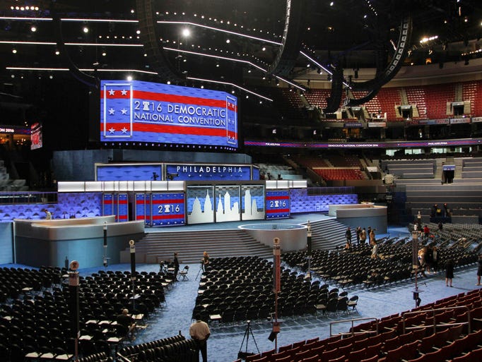 The stage stands ready for the start of the Democratic