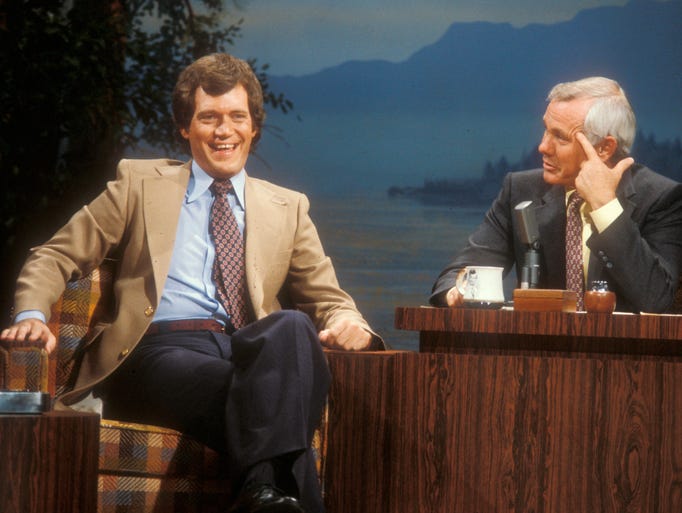 Letterman appears as a guest with Johnny Carson, the host of the 'Tonight Show.' Carson died in 2005.
