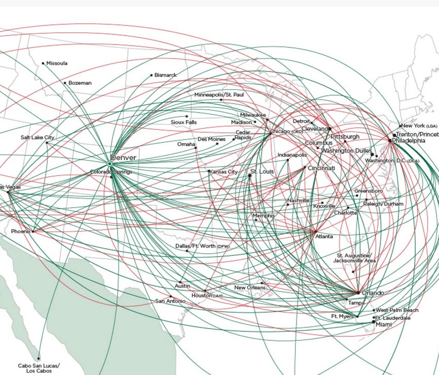An image of Frontier Airlines' route map.