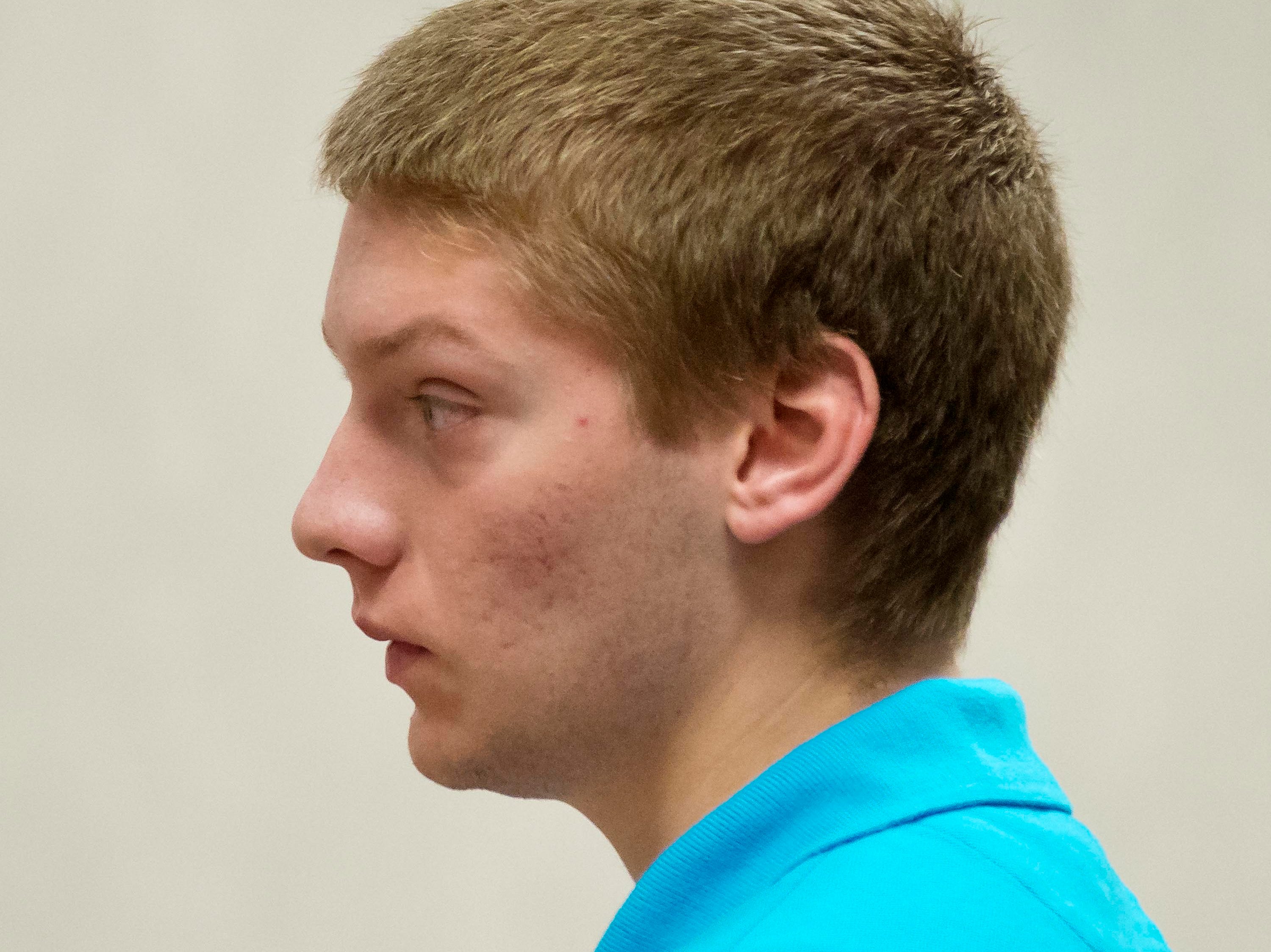 Colby Darling, one of five former Milton High School football players accused of hazing, pleads not guilty to a charge of simple assault in Vermont Superior Court in Burlington on Tuesday.