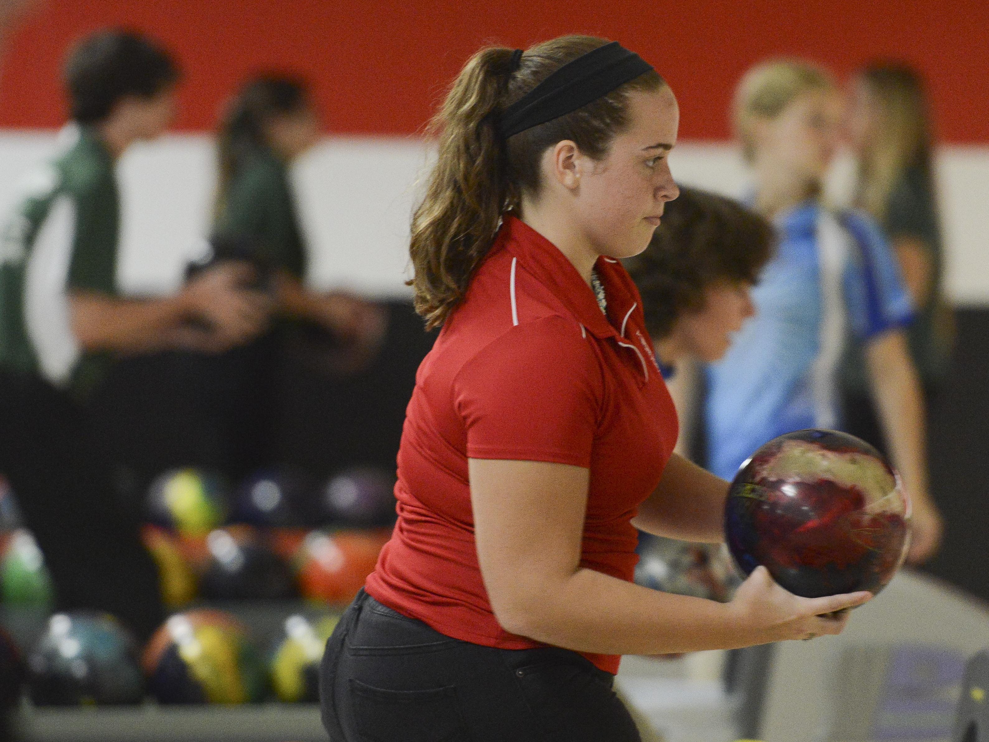 Amy Rhodes of Satellite bowls during Wednesday's matches at Brunswick Harbor Lanes in Melbourne.