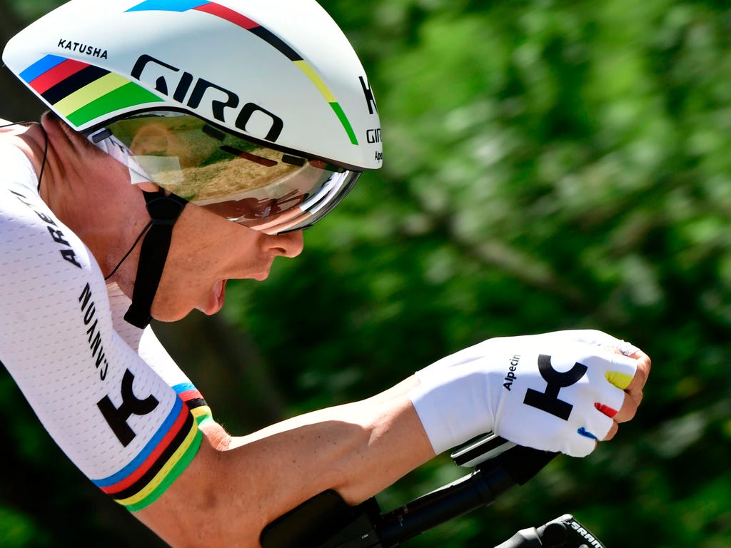 Germany's Tony Martin rides during a 23,5 km individual time-trial, the fourth stage of the 69th edition of the Criterium du Dauphine cycling race between La Tour-du-Pin and Bourgoin-Jallieu, France.