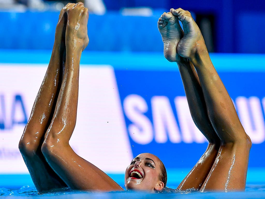 Team Ukraine performs during the Women's Team Free Synchronized Swimming Preliminary Free Routine during the 17th FINA World Championships in Budapest, Hungary.