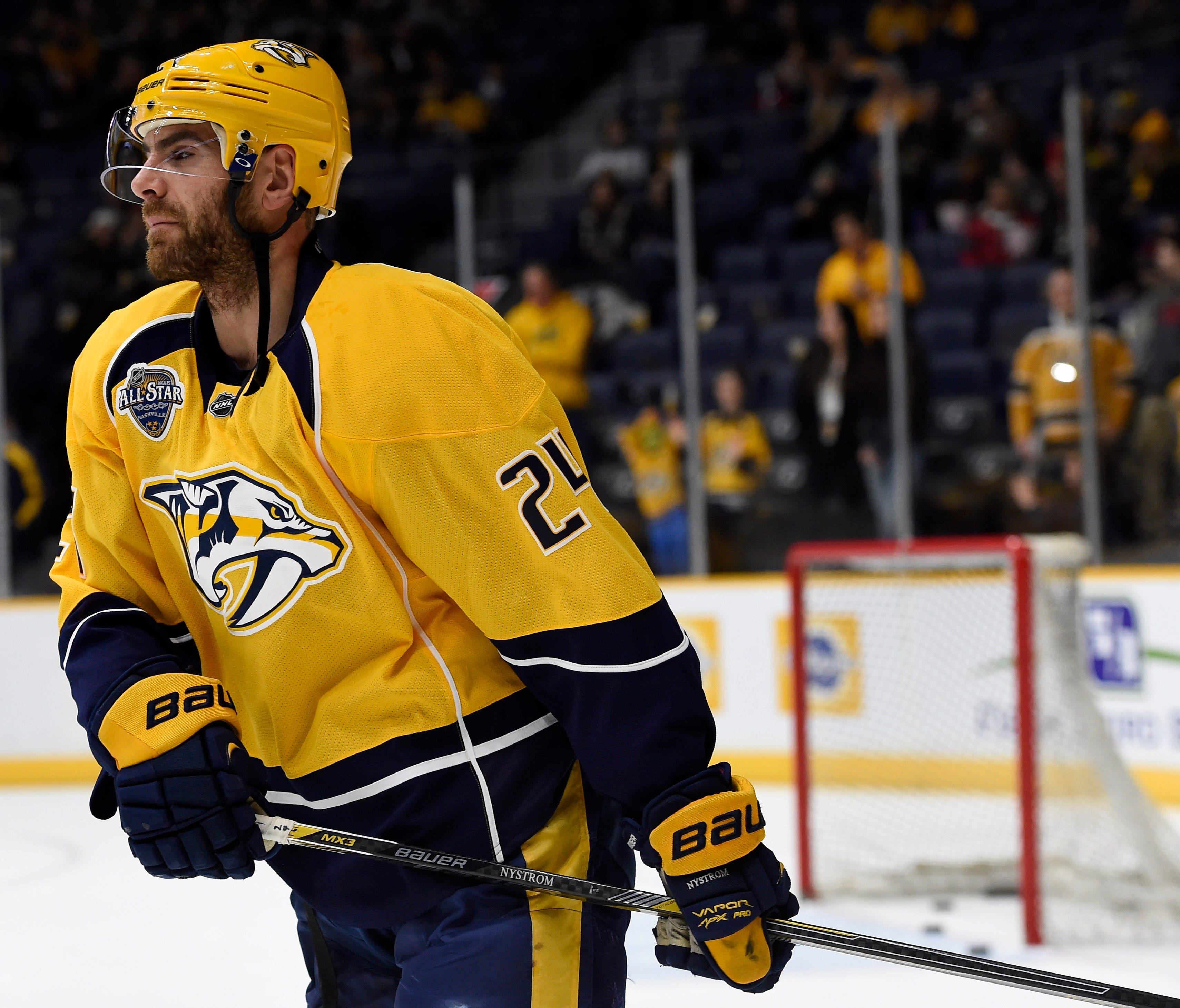 Predators left wing Eric Nystrom (24) warms up before their game against the Wild at Bridgestone Arena Saturday Jan. 16, 2016, in Nashville, Tenn.