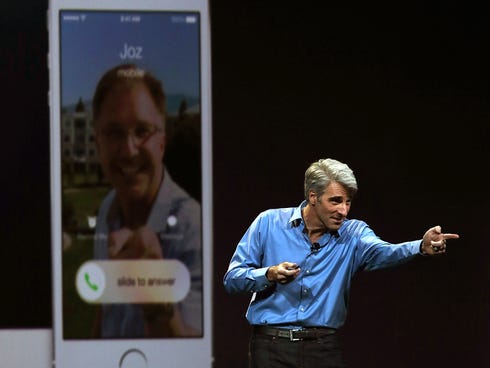 Apple Senior Vice President of Software Engineering Craig Federighi speaks during the Apple Worldwide Developers Conference at the Moscone West center on in San Francisco.