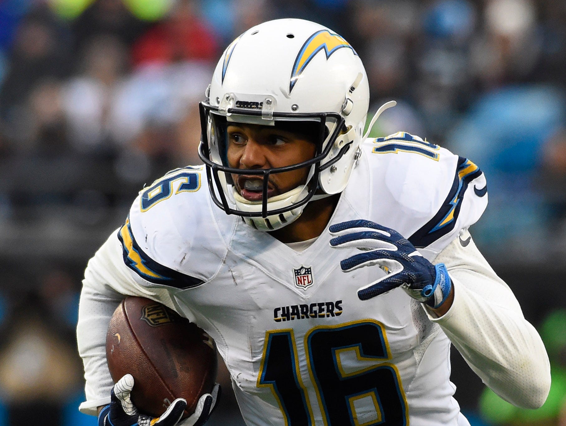 Dec 11, 2016; Charlotte, NC, USA; San Diego Chargers wide receiver Tyrell Williams (16) with the ball in the third quarter at Bank of America Stadium.