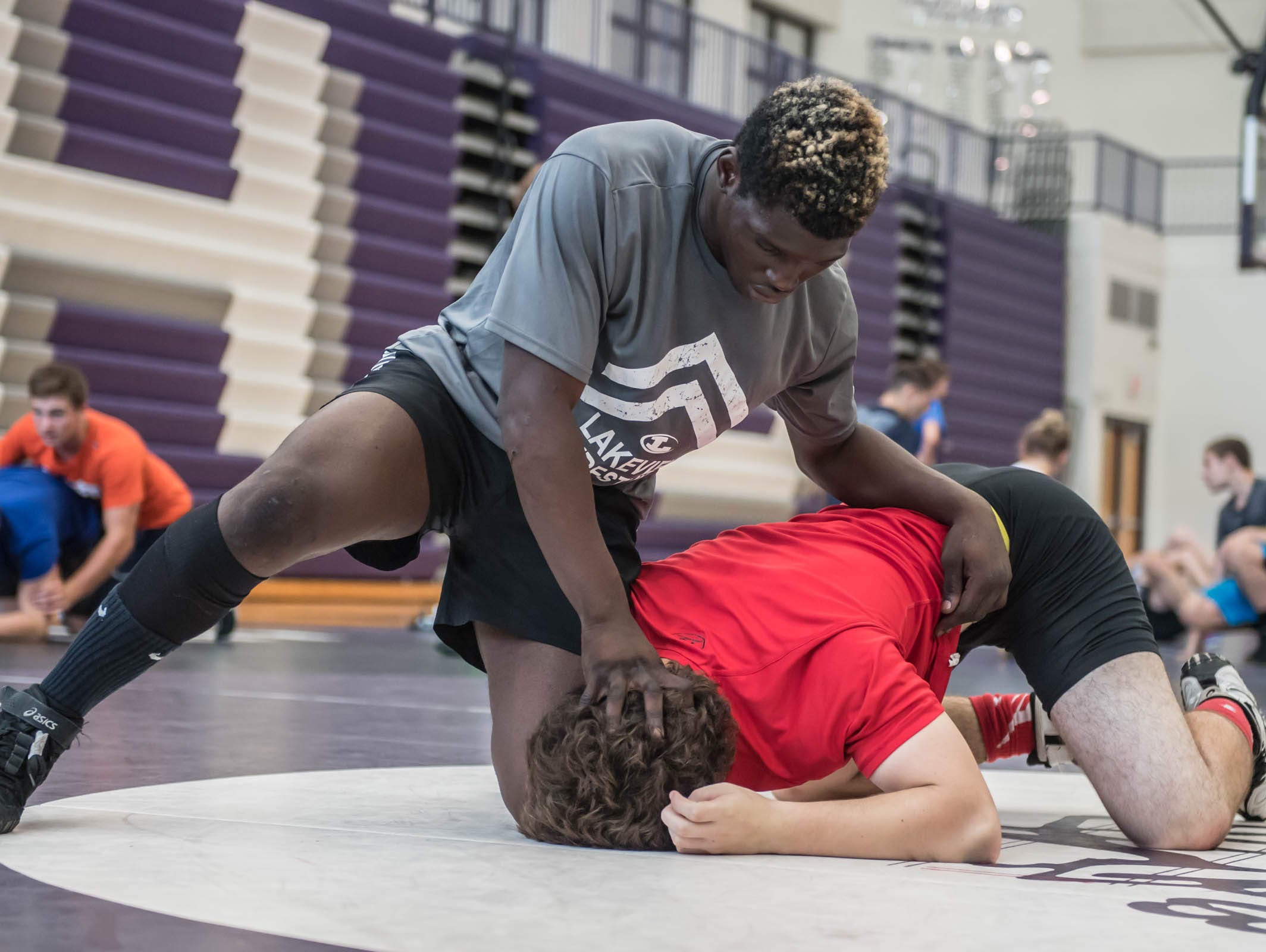 Lakeview's Stephan Moody works on some of his moves at Rob Waller's All American Wrestling Camps at Lakeview High School on Wednesday.