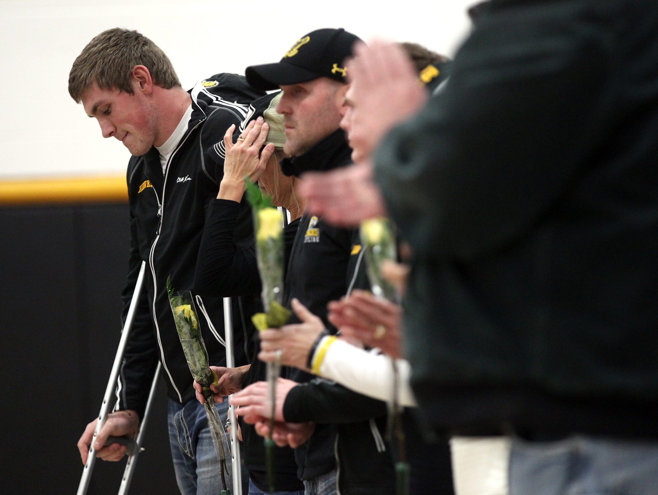 Mid-Prairie senior Levi Duwa is recognized before the Golden Hawks' dual against Cascade at Mid-Prairie on Thursday, Jan. 12, 2017.