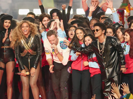 Beyonce, Chris Martin of Coldplay and Bruno Mars perform