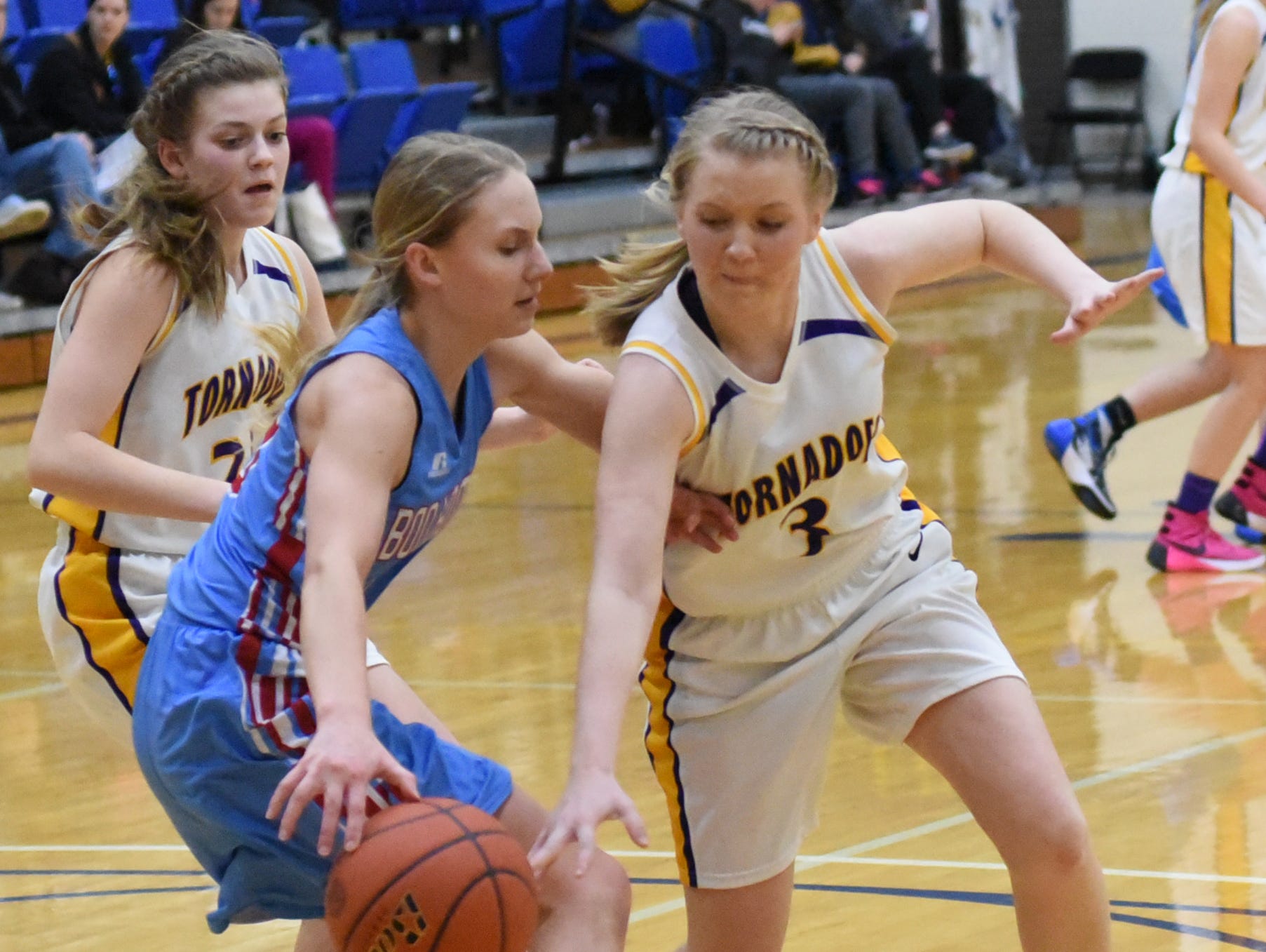 Centerville's Shannon O'Malley, right, steals the ball form Bon Homme's Sierra Mesman during their matchup in the Tri-Valley Conference girls' basketball Classic on Jan. 30.