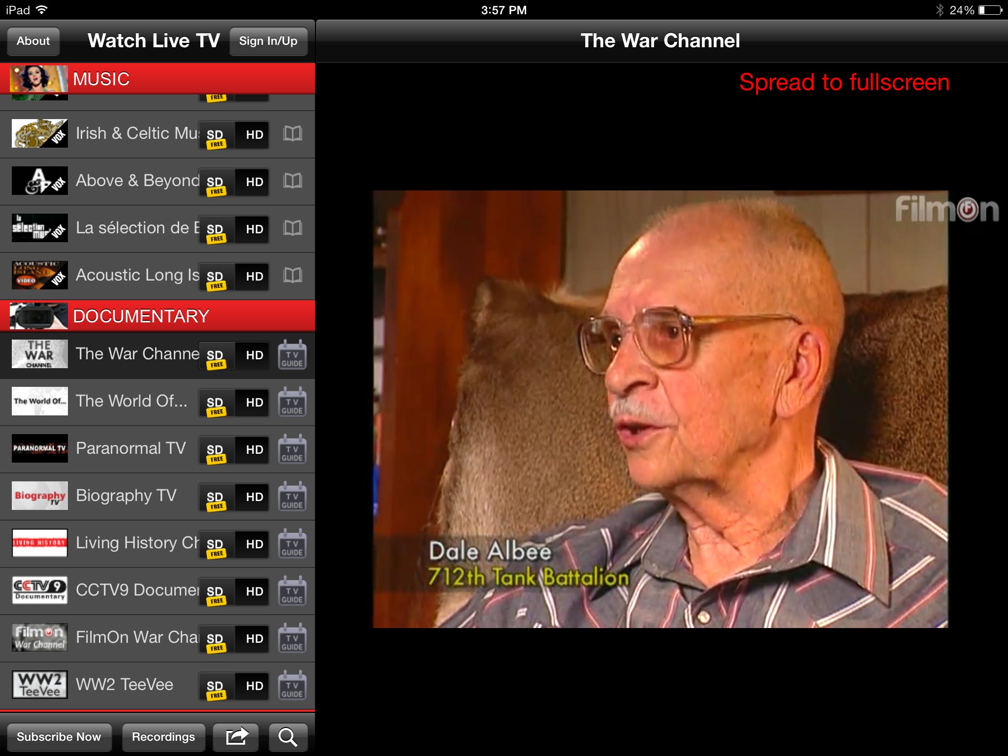 In this screenshot made Wednesday, June 25, 2014 shows The War Channel as viewed on FilmOn's ipad app. FilmOn offers over-the-air TV channels through a website and mobile apps.