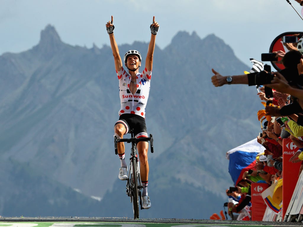 Warren Barguil of France riding for Team Sunweb crosses the line to take the stage win on stage eighteen of the 2017 Tour de France, a 179.5km stage from Briancon to Izoard in Briancon, France.