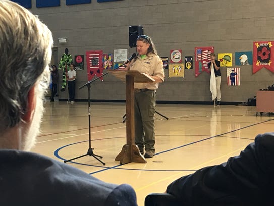 Scoutmaster Dana Lenzo was emcee Friday for Vets Day