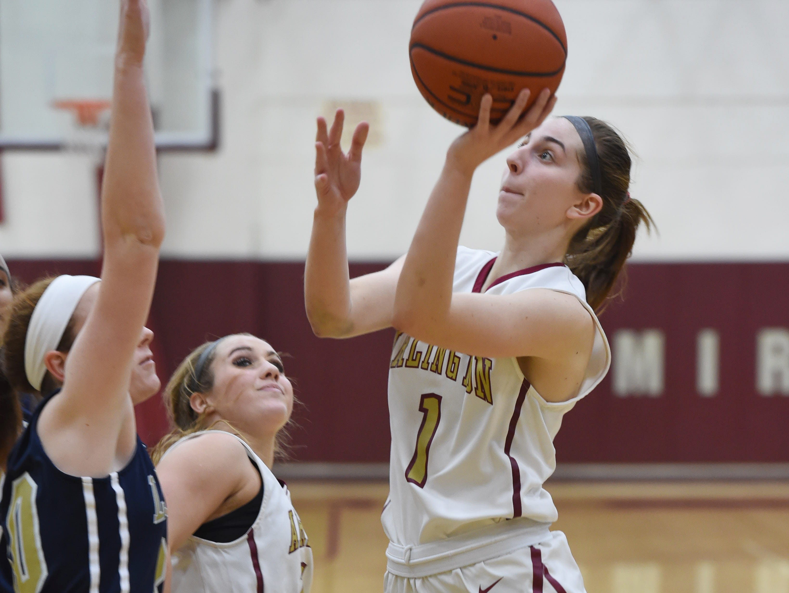 Arlington's Casey Schweitzer takes a shot over Lourdes' Marguerite McGahay during Wednesday's game at Arlington.