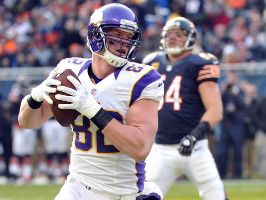 Vikings tight end Kyle Rudolph has caught touchdown passes in three 