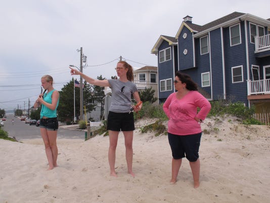 Daniela Stefano, left, Carol McCarty, center, and Nicole Stefano stand on the remnants of a sand dune behind their Surf City, N.J., homes on July 9. A beach replenishment project designed to protect the homes from catastrophic storms like Superstorm Sandy is leaving out their street and two others nearby because some property owners refused to sign easements giving government access to a narrow strip of their land to build protective dunes. A study finds such dunes protect coastlines against storm surges.
(Photo: Wayne Parry, AP)