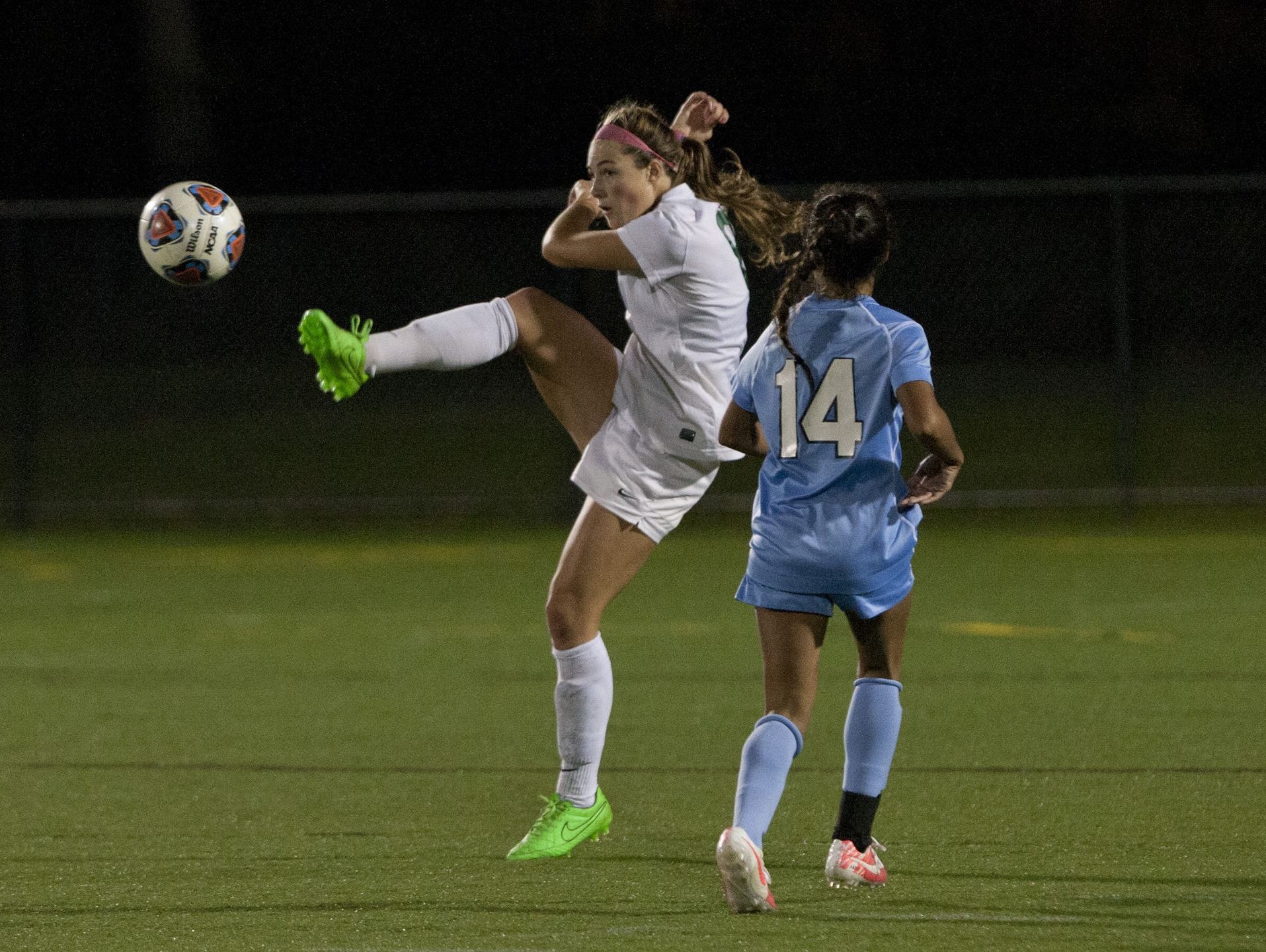 Colts Neck's Amanda Visco kicks the ball in the 2015 Shore Conference Tournament Final against Freehold Townhsip on Oct. 31, 2015 at the Summerfield Elementary School
