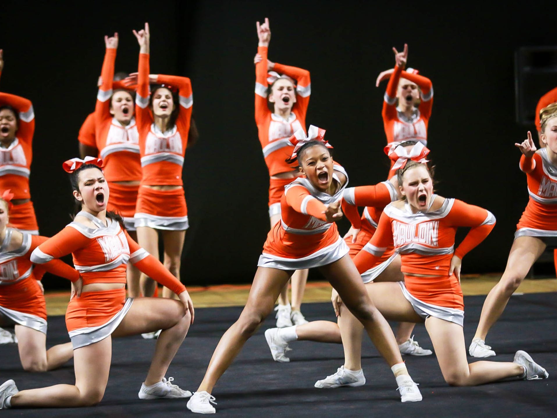 Mauldin's competitive cheer team, shown at last year's state finals, took second at the recent state qualifier.