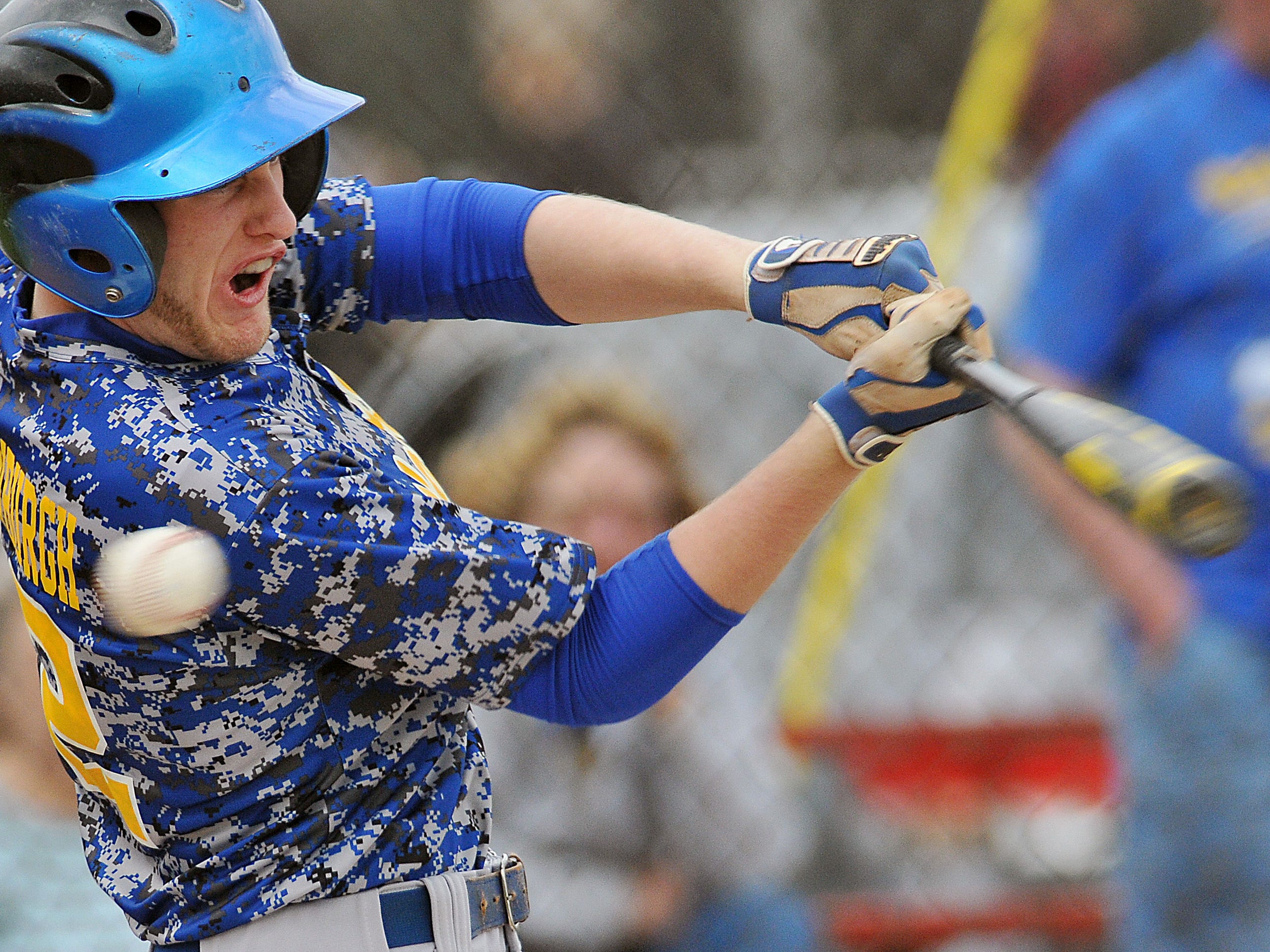 Ontario's Alex Vredenburgh takes a rip at a ball during a baseball game Monday against Shelby.