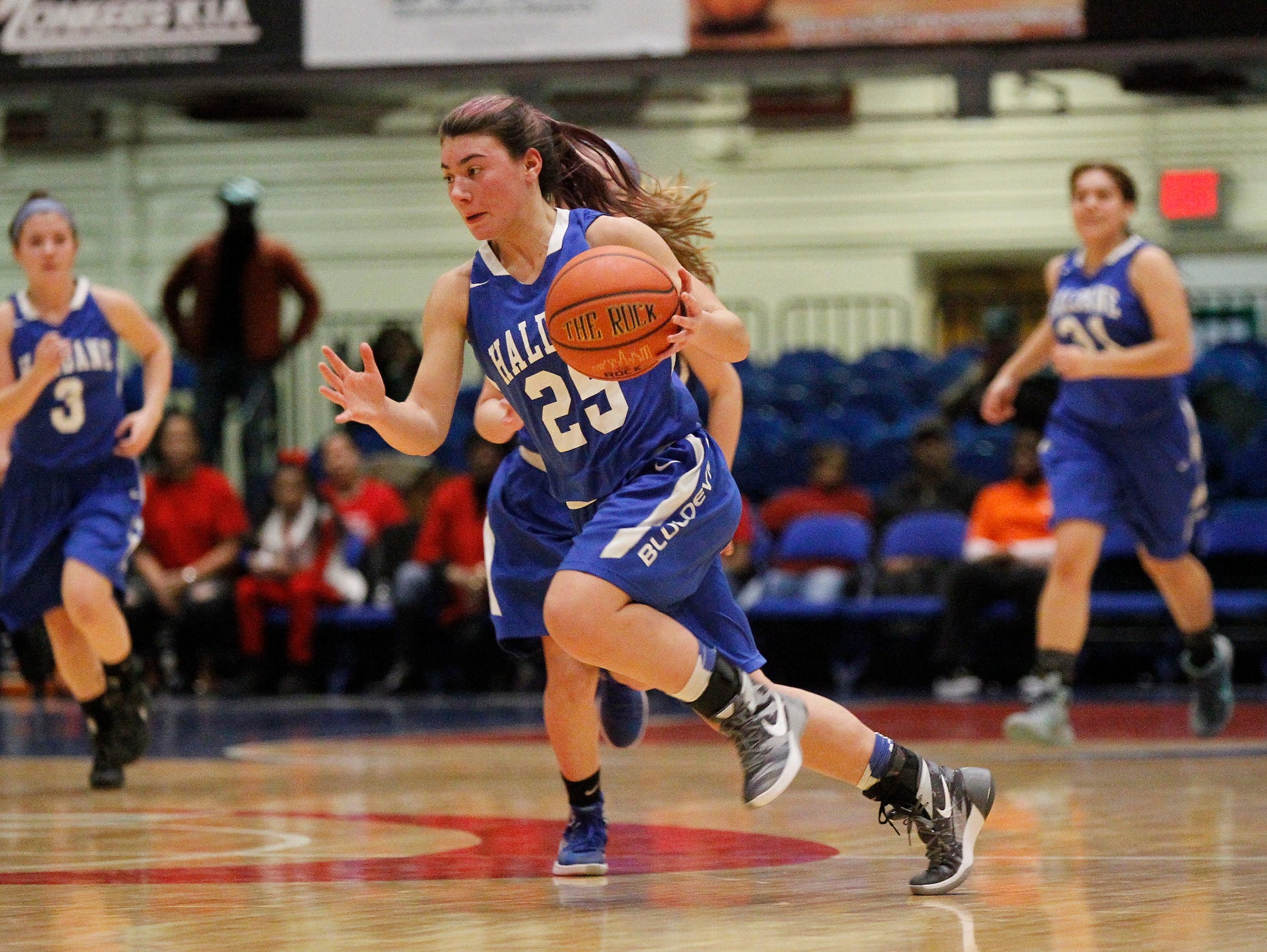 Haldane's Abbey Scanga (25) works the ball across mid-court during the class C semi-final basketball game against Hamilton at the Westchester County Center in White Plains on Saturday, February 27, 2016.